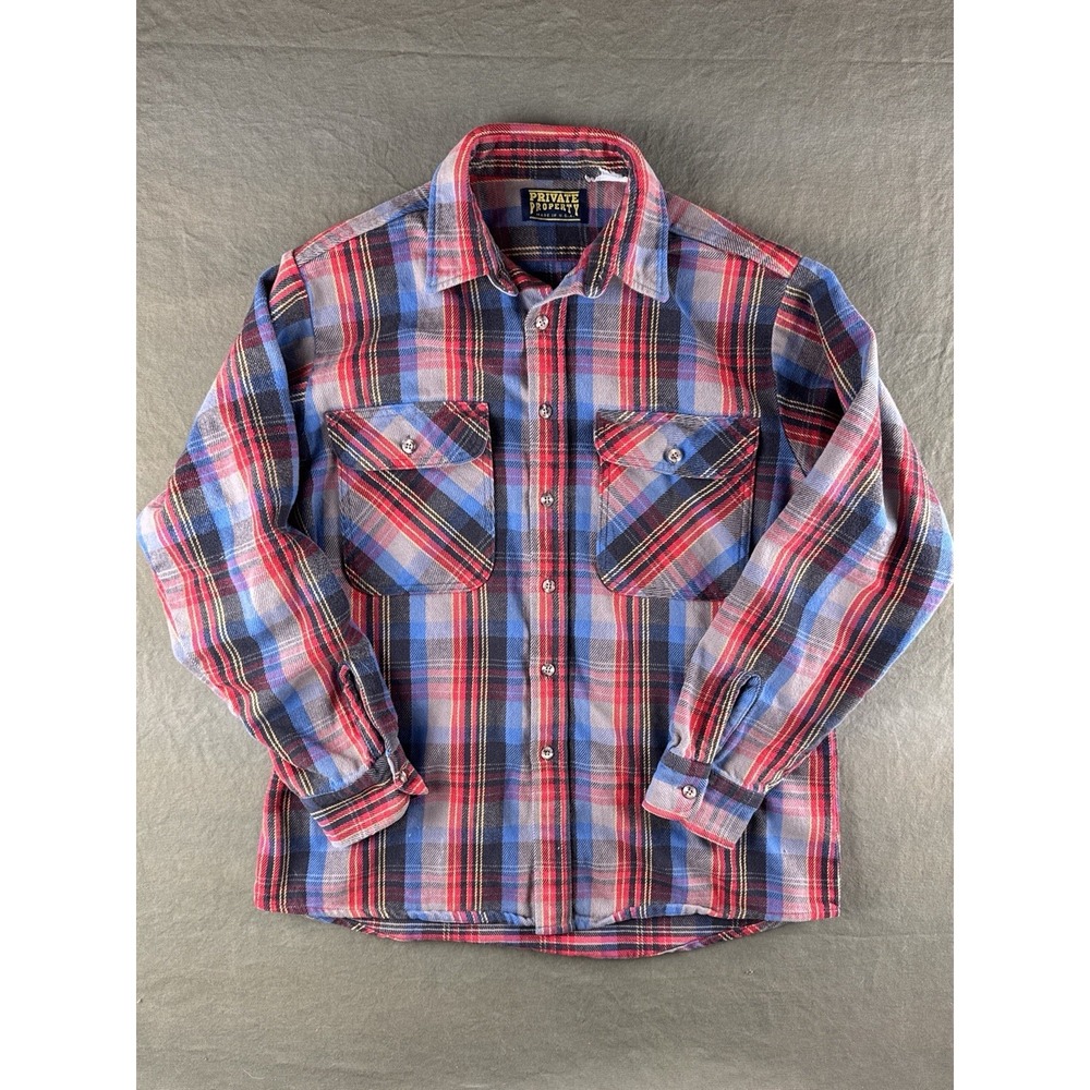 Vintage 90s Private Property Woven Flannel Shirt Workwear Grunge Red Blue USA L